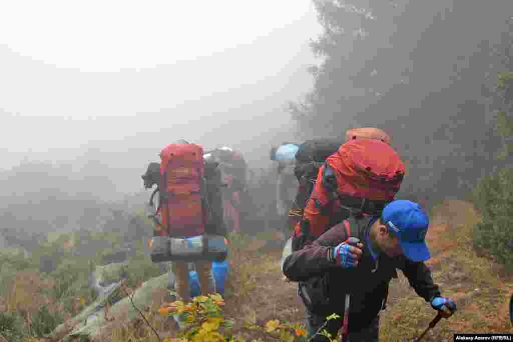 Археологтар петроглифтерге қалай бару керектігін өзара ақылдасып, ақырында "Ақбұлақ" курорты арқылы баруға бел буды. Біріншіден, курорт тауда орналасқан және оған көлікпен жетуге болады. Екіншіден, ондағы қанатты жолдың көмегімен біраз қашықтықты еңсеруге болады. Суретте экспедиция мүшелері шыршалы орманға шығып барады.