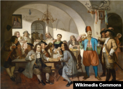 Картина, написанная на рубеже 19 и 20 веков, которая изображает кофейню «Под синей бутылкой» в Вене, открытую Юрием Кульчицким