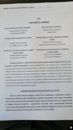 Memoriul transmis de juriștii CNSAS către Parlament.