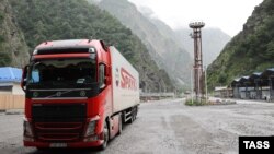 RUSSIA - An Armenian commercial truck passes through the Russian-Georgian border crossing at Upper Lars, June 21, 2023.