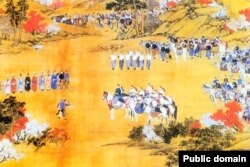 Муран коругунда кыргыздын сегиз элчиси Кытайдын Цин (Чиң) сулалесинин императору Чианлоң менен учурашып жаткан учур. Бээжиндин теги италиялык ак сарай сүрөтчүсү Жузеппе Кастилионе 1758-ж. тарткан сүрөттүн чордондук бөлүгү.