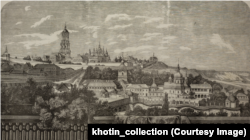 Києво-Печерська лавра, вигляд на Верхню лавру з півдня. Французька гравюра другої половини 19-го століття