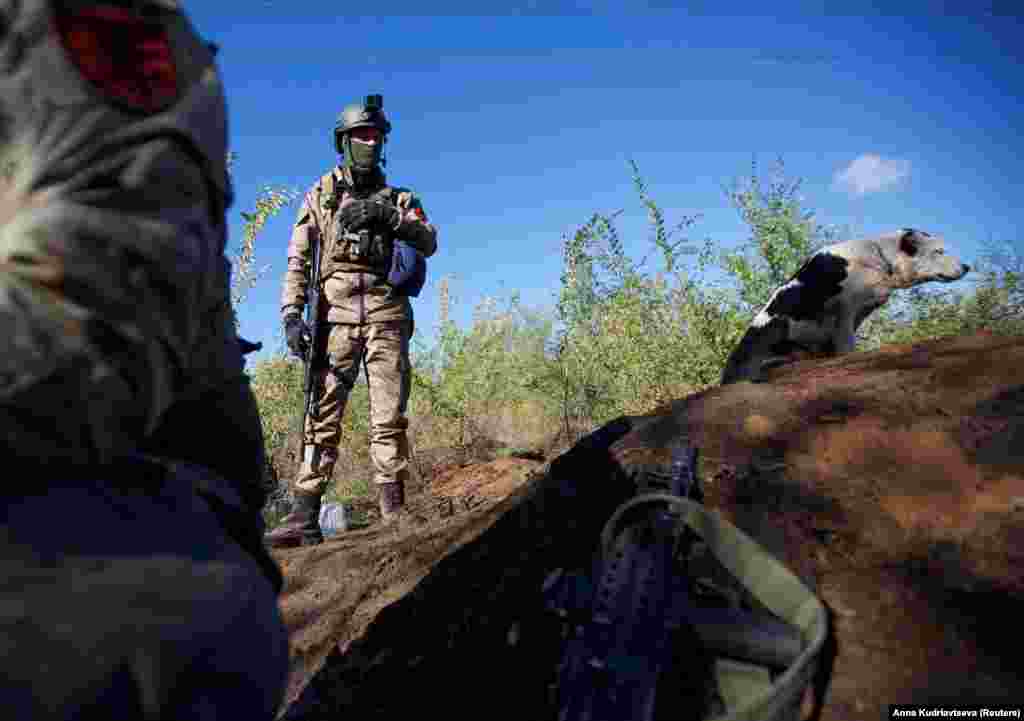 Ukrainian soldiers and a dog stand watch near their trench position outside Bakhmut on October 5, 2022. &nbsp;