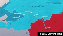 Кытай-Кыргызстан-Өзбекстан темир жолунун маршруту. Булак: Настоящее Время Азия.