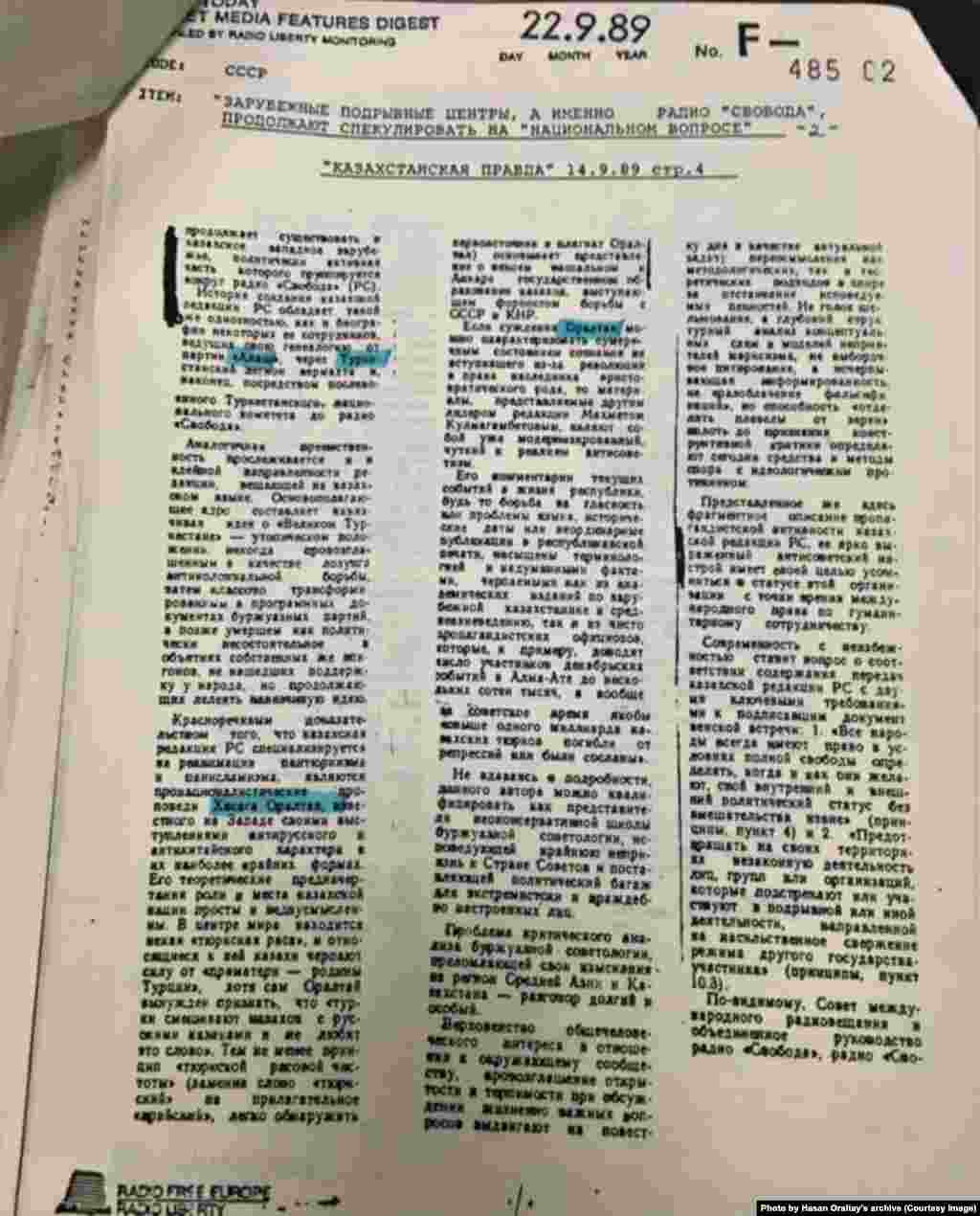 "Казахстанская правда" газетінің Азаттық радиосы мен Хасен Оралтайды қаралап жазған мақалаларының бірі. Алматы, 14 қыркүйек, 1989 жыл