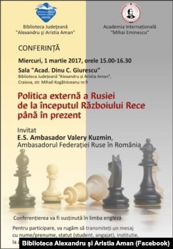 Afișul care anunță prezența ambasadorului Rusiei la Craiova, pentru o prelegere pe tema politicii externe a Rusiei.