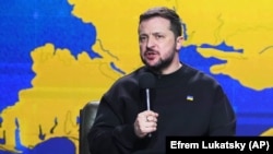 Președintele Volodimir Zelenski în timpul conferinței de presă de sfârșit de an, de marți, 20 decembrie 2023. 