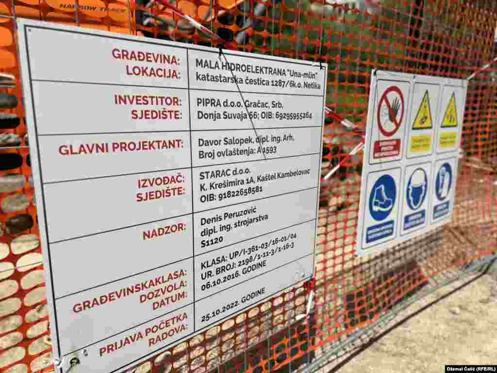 Tabla sa detaljima o projektu i investitoru izgradnje male hidroelektrane "Una-mlin", 25. jula 2024.&nbsp;&nbsp;