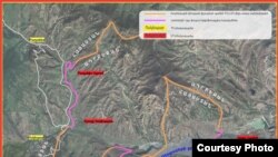 A map showing the section of the Armenian-Azerbaijani border between the Tavush province of Armenia and the Qazax district of Azerbaijan