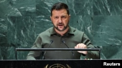 Președintele ucrainean Volodimir Zelenski, în timpul discursului său de la Summit-ul ONU din New York. 