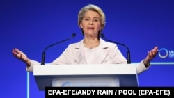 Президентка Єврокомісії Урсула фон дер Ляєн під час виступу на Конференції з відновлення України. Лондон, 21 червня 2023 року