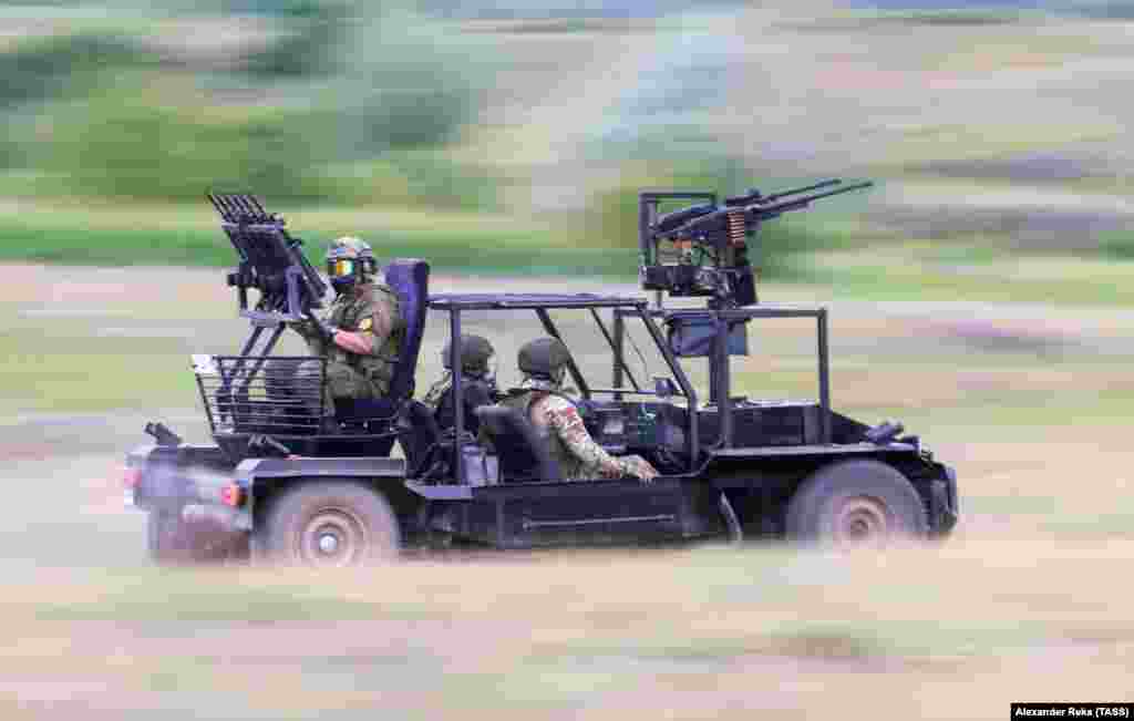 An &ldquo;anti-drone buggy&rdquo; being tested by Russian troops inside Ukraine in June 2024. The vehicle sports multiple automatic weapons mounted on a light chassis, and unspecified &ldquo;anti-drone weapons&rdquo; are apparently fired from grenade launch tubes seen at the front and rear of the vehicle.
