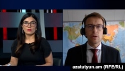 Peter Stano, lead spokesperson for the European Union’s Foreign Affairs and Security Policy, during an interview with RFE/RL Armenian Service correspondent Tatevik Lazarian 
