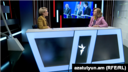 U․S․ Ambassador to Armenia Kristina Kvien (R) gives an interview to RFE/RL’s Armenian Service, April 10, 2024.