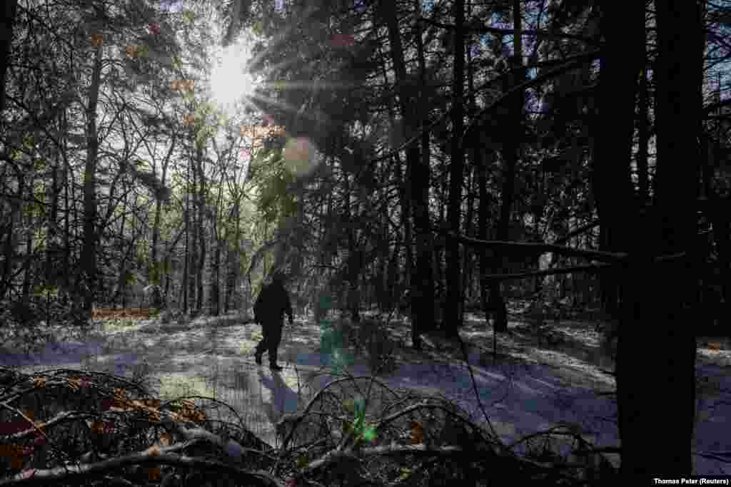 A Ukrainian soldier patrols the forest. "There's a problem with ammunition, especially post-Soviet [shells] - that's 122-millimeter, 152-mlillimeter [shells]. And today these problems exist across the entire front line," Tarnavskiy said in an interview, adding that the shortage of artillery shells was a "very big problem" and the drop in foreign military aid was having an impact on the&nbsp;battlefield. &nbsp;