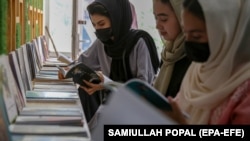 تعدادی از دختران که سرگرم مطالعه کتاب اند 