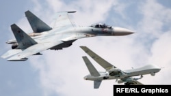 Colaj: Avion rusesc Su-27 și o dronă americană MQ-9 Reaper