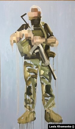 În seria sa cu Figuri Neidentificate, Lesia se folosește de ideea războinicului ucrainean dezumanizat, imaginat de propaganda rusă, și întoarce în mod ironic acest arhetip înfricoșător împotriva celor care l-au creat.