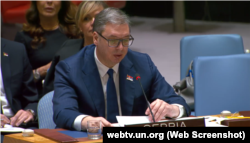 Presidenti serb, Aleksandar Vuçiq në takimin e 22 prillit në Këshillin e Sigurimit të Kombeve të Bashkuara.