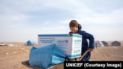 یک زلزله زده در هرات در حال انتقال مواد و وسایل کمکی به خیمه اش. 