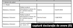 În declarația de avere, pe 2022, a șefului Poliției Locale Craiova, apare separat indemnizația de la ședințele ATOP.