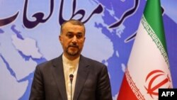 IRAN - Iran's Foreign Minister Hossein Amir-Abdollahian gives a joint press conference with Oman's Foreign Minister after their meeting in Tehran on July 17, 2023. 