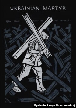 Martirul Ucrainean poartă un arici metalic antitanc, amintind de Iisus care și-a dus în spate propria cruce (Mykhailo Skop / Neivanmade, 2022)