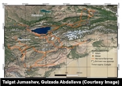 1916-жылдагы кыргыздар качкан багыттар. Гүлзада Абдалиева жана Талгат Жумашев түзгөн карта