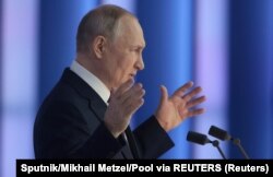 Российский президент Владимир Путин во время выступления с посланием к Федеральному собранию России. Москва, 21 февраля 2023 года