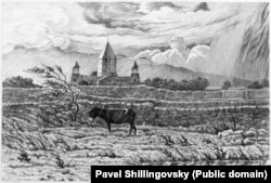 A donkey endures a rainstorm near the Etchmiadzin Cathedral.