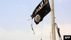 د امریکا ملاتړ لرونکې د سوریې جمهوري ځواکونو یو سرتېری د داعش بیرغ لیرې کوي - د ۲۰۱۷ز کال انځو.