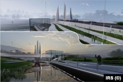 Одна із візуалізацій концепції відбудови Романівського мосту через річку Ірпінь під Києвом. 25 лютого 2022 року ЗСУ підірвали міст, щоб зупинити наступ російських військ. 21 листопада 2023 року завершили відбудову мосту