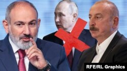 Никол Пашинян, Владимир Путин и Ильхам Алиев (слева направо). Коллаж