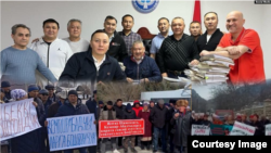  "Азаттыктын" коллажы. Кемпир-Абад иши боюнча айыпталып, абакта отургандар жана аларды бошотууну талап кылган акцияларда тартылган сүрөт. 