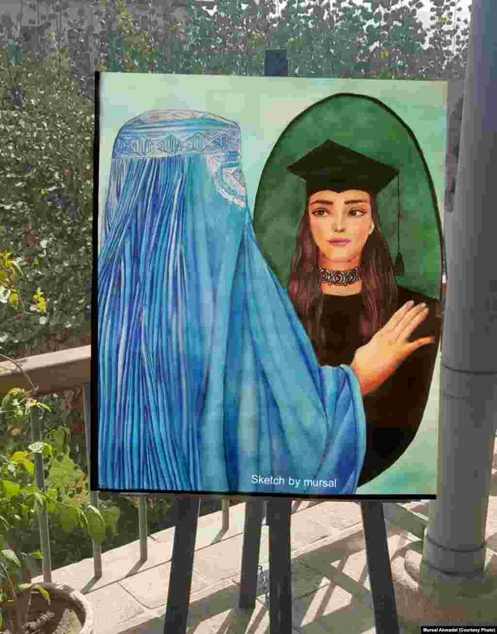 دا انځور هم مرسل احمدزۍ رسامي کړی دی مرسل زیاتوي: "دا زما یو انځور دی چې د افغان نجونو د خوبونو په اړه دی چې د چادرۍ تر شا پټې دي. ما دې نقاشۍ ته د "خوبونو" نوم ورکړ." .