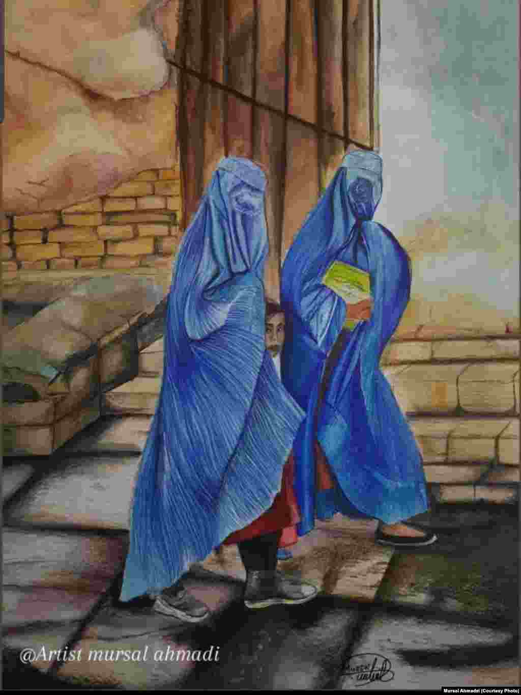 مرسل احمدزۍ شل کلنه ده او په کابل کې اوسي. احمدزۍ د ګرافیک ډیزاین محصله وه. دې په پوهنتون کې د لومړي کال په دریم سمستر کې د ګرافیک ډیزاین زده&zwnj;کړه کوله. دا وايي: "له بده مرغه د نورو افغان نجونو په څېر اوس زه هم پر کور ناسته یم. زه په خپله رسامي کې د افغان نجونو درد او کړاو انځوروم، چې زه یې نه خوښوم، ځکه غواړم د افغان نجونو خوښۍ او د خپل وطن ښکلا انځور کړم." مرسل زیاتوي: &laquo;دا زما یو انځور دی چې د افغان نجونو د خوبونو په اړه دی چې د چادرۍ تر شا پټې دي. ما دې نقاشۍ ته د "خوبونو" نوم ورکړ." &nbsp;