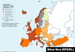 NATO a fost înființată în 1949, când Alianța număra 12 țări fondatoare. Suedia - țară colorată cu gri - este ultima țară care a aderat la NATO, în acest an.