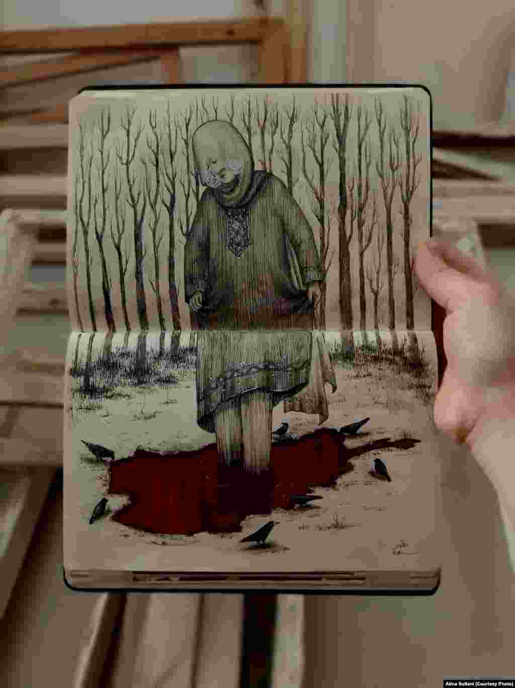 اتینا سلطاني د هرات ولایت اوسیدونکی ده او د هرات پوهنتون د ښکلو هنرونو له پوهنځي څخه فارغه شوې ده. دا د ماسټرۍ تر بشپړولو وروسته د انګلیسي په زده کړه بوخته وه او د کار په لټه کې وه، خو اوس وايي: "زه له دواړو څخه بې برخې شوې یم." اتینا وايي، طالبان ښځينه فارغانو ته د دوی ديپلومونه نه ورکوي او له همدې امله يې ديپلوم نه&zwnj;دی ترلاسه کړی چې په بل ځای کې خپلو زده کړو ته دوام ورکړي. هغې لاندې انځور ته "سړه جګړه" عنوان ورکړی دی.