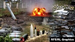 Колаж: різноманітні російських боєприпасів, якими всіяний південь України, на тлі керованого вибуху піротехніків