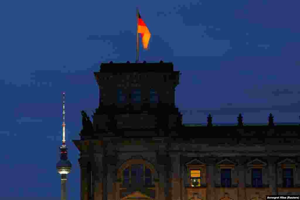 A corner of Berlin's Reichstag at dusk.&nbsp; Germany relies heavily on Russia for its energy needs. Before the Kremlin's February 24 invasion of Ukraine, 55 percent of Germany's gas was purchased from Russia.&nbsp;
