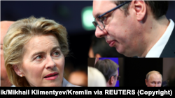 Predsednik Srbije Aleksandar Vučić sa predsednicom Evropske komisije Ursulom fon der Lajen u Davosu 2020. i predsednik Srbije Aleksandar Vučić sa predsednikom Rusije Vladimirom Putinom u Sočiju 2019. 