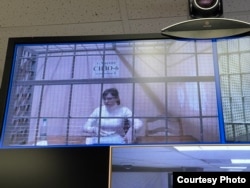 Chanysheva addresses the Moscow City Court via video link in July 2022.