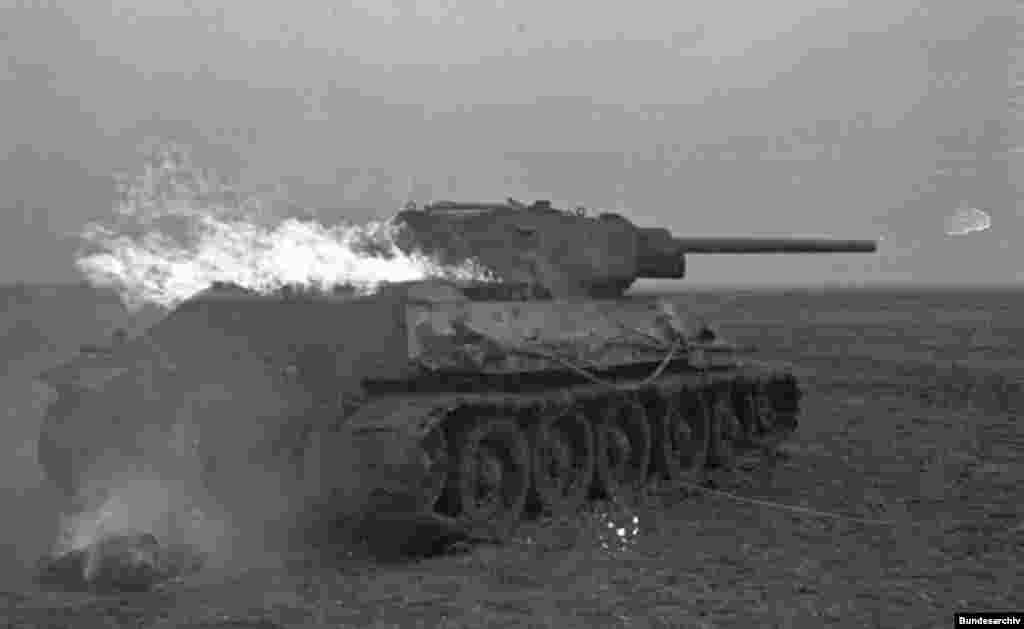 A T-34 on fire, after Nazi Germany's invasion of the Soviet Union in 1941.