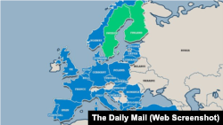 Finlanda și Suedia pe harta Europei cu țările europene NATO marcate în albastru.