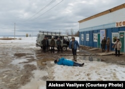 Filming a scene for Davydov's latest movie, The Illegal, on the outskirts of Amga.