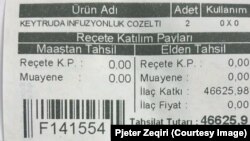 Fatura e ilaçit që Pjetër Zeqiri thotë se ka blerë në Turqi. Vlera në këtë faturë është 46625,9 lira turke, që i bie mbi 2.500 euro.