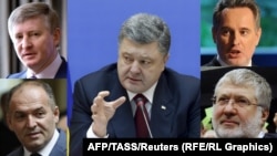 Poroshenko (center) and the oligarchs: Rinat Akhmetiv (top left), Dmytro Firtash (top right), Viktor Pinchuk (bottom left), Ihor Kolomoyskiy (bottom right)
