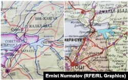 Кыргыз ССРинин 1983-жылкы жана 1987-жылы картасы. Бул карталар да Москвада жарык көргөн. "Кемпир-Абад" суу сактагычына суу топтолуп, сексенинчи жылдардын аягына чейин аянт кеңейгени чагылдырылган.