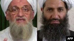 د القاعدې مشر ایمن الظواهري (کیڼ طرف ته) او د طالبانو مشر مولوي هبت الله (ښي لورې ته) .انځور له ارشېفه