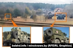 Коллаж. Вверху - фотография "Сообщества железнодорожников Беларуси", который вероятно зафиксировал разгрузку бронеавтомобилей 30 апреля 2025 года. Снизу - фотографии бронеавтомобилей похожих на "Линзу и "Спартак" на репетиции парада на полигоне Липки под Минском